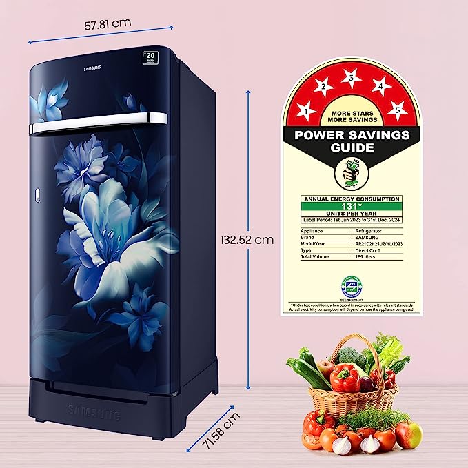 Samsung 189 L 5 Star Digital Inverter Direct Cool Single Door Refrigerator (RR21C2H25CR/HL, Camellia Blue, Base Stand with Drawer 2023 Model) Samsung 189 L 5 Star Digital Inverter Direct Cool Single Door Refrigerator (RR21C2H25CR/HL, Camellia Blue, Base Stand with Drawer 2023 Model)